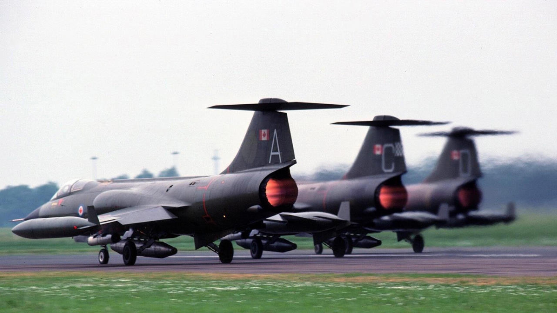 Canadian Armed Forces CF-104 3-plane formation departing RAF Wildenrath in West Germany